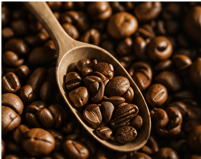 木製スプーンに盛られた焙煎コーヒー豆