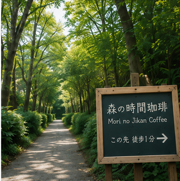 森の小道に立つカフェへの案内看板